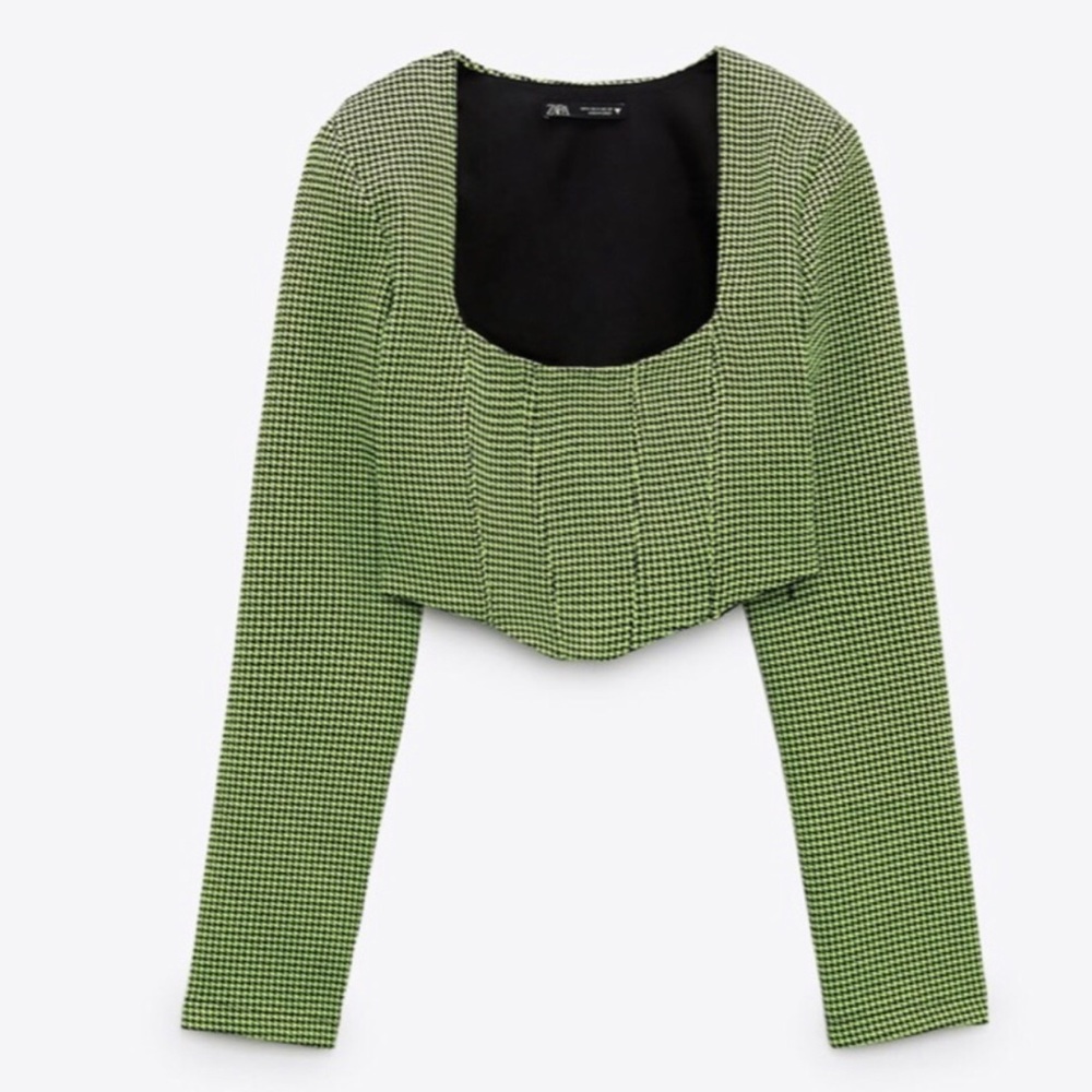 Zara women’s green houndstooth crop top blouse size small new - Picture 7 of 7